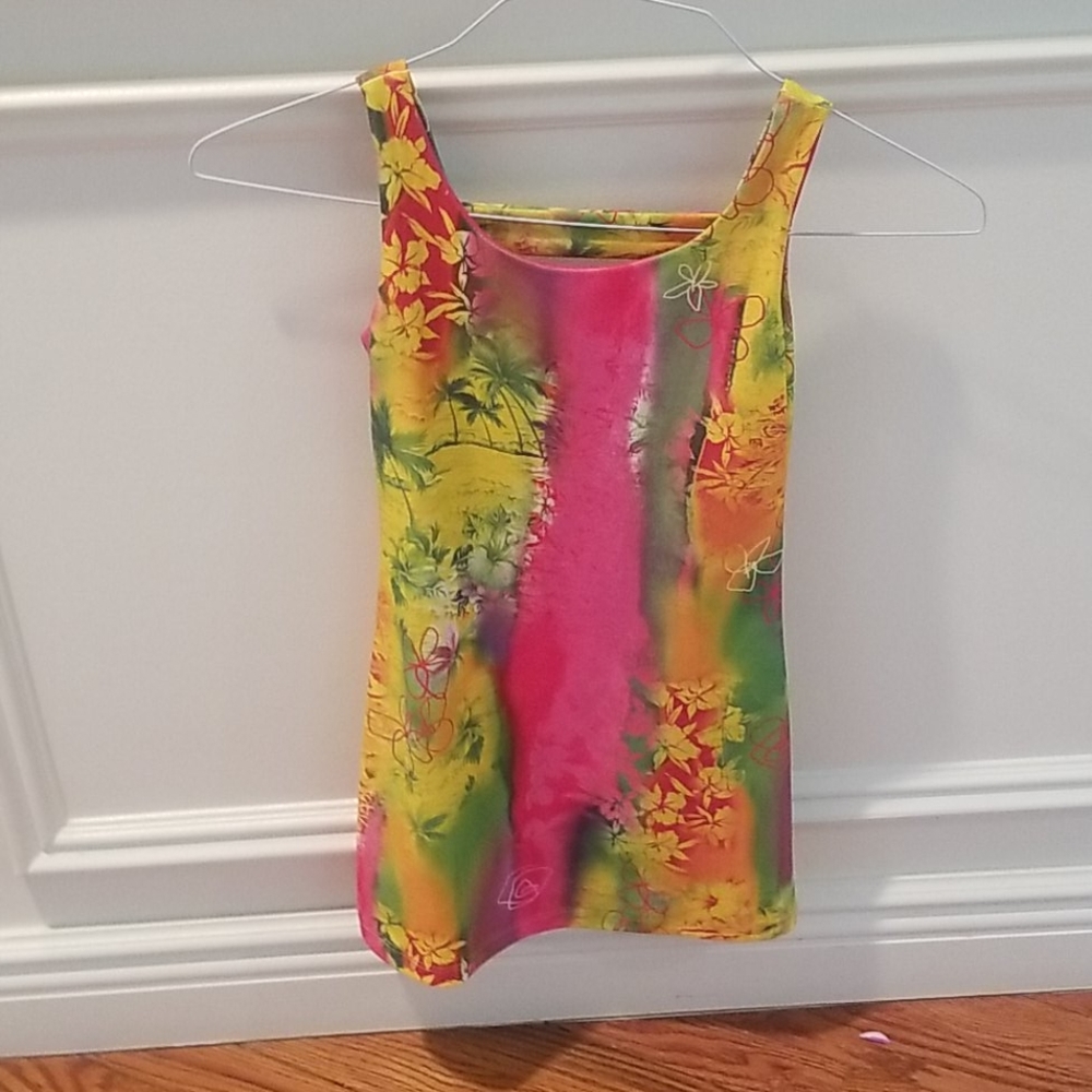 Tropical pink, yellow print girls dress, size 8